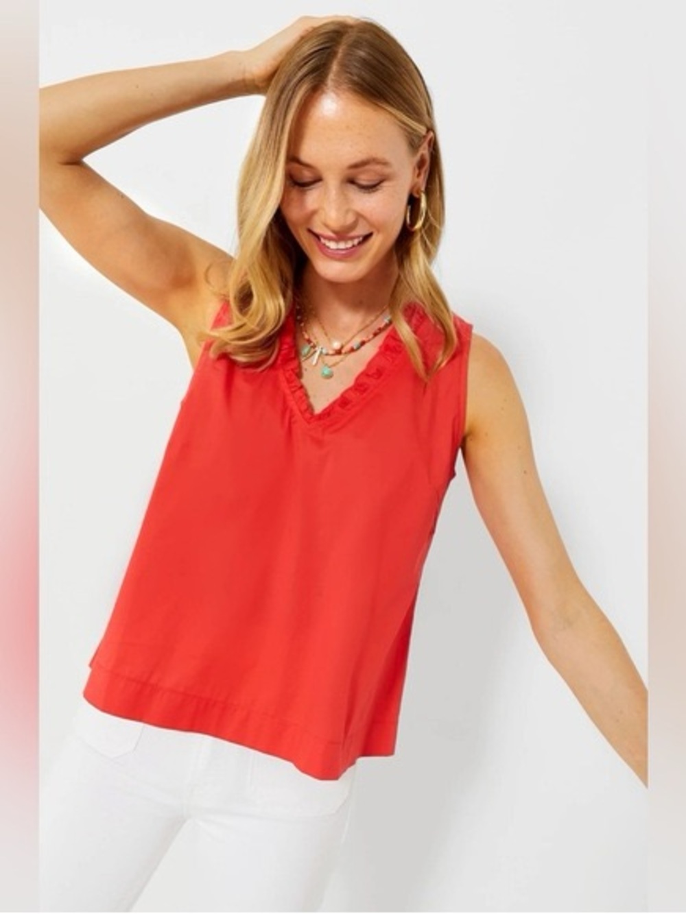 Pomander Place Coral V-Neck Ruffle Trim Sleeveless Top